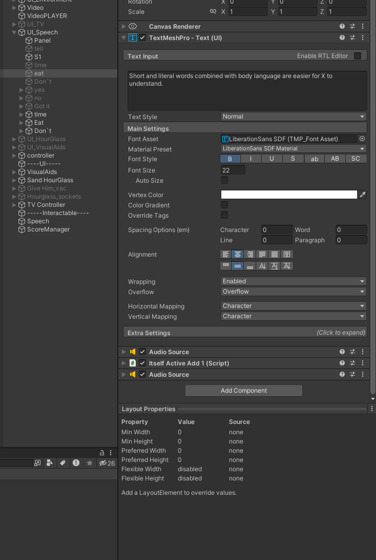 Unity Inspector containing research-informed guidance about short literal language and body language