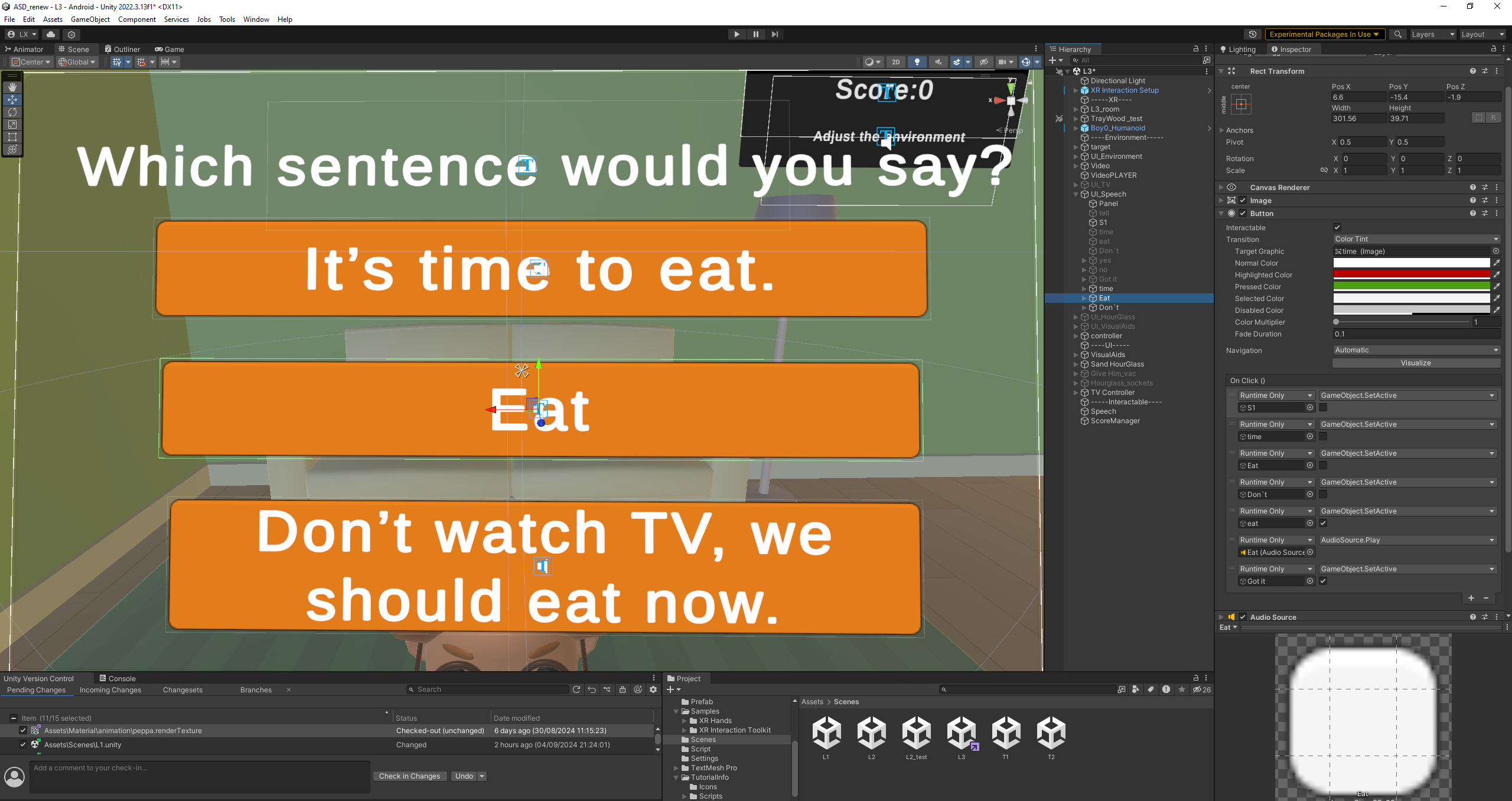 Unity prototype asking which sentence a caregiver would say, with three response options