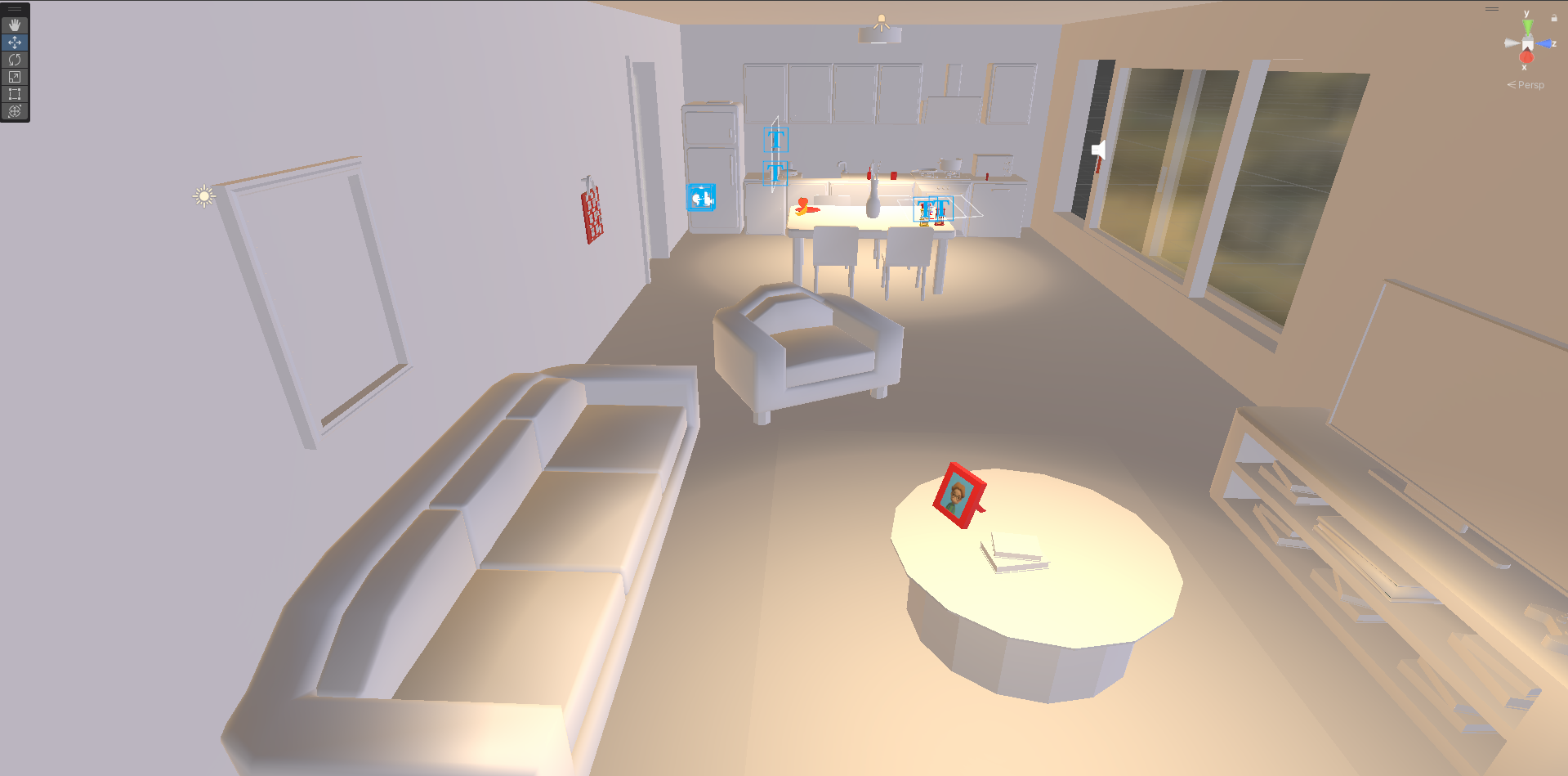 Unity Scene View showing the complete living room and kitchen training environment