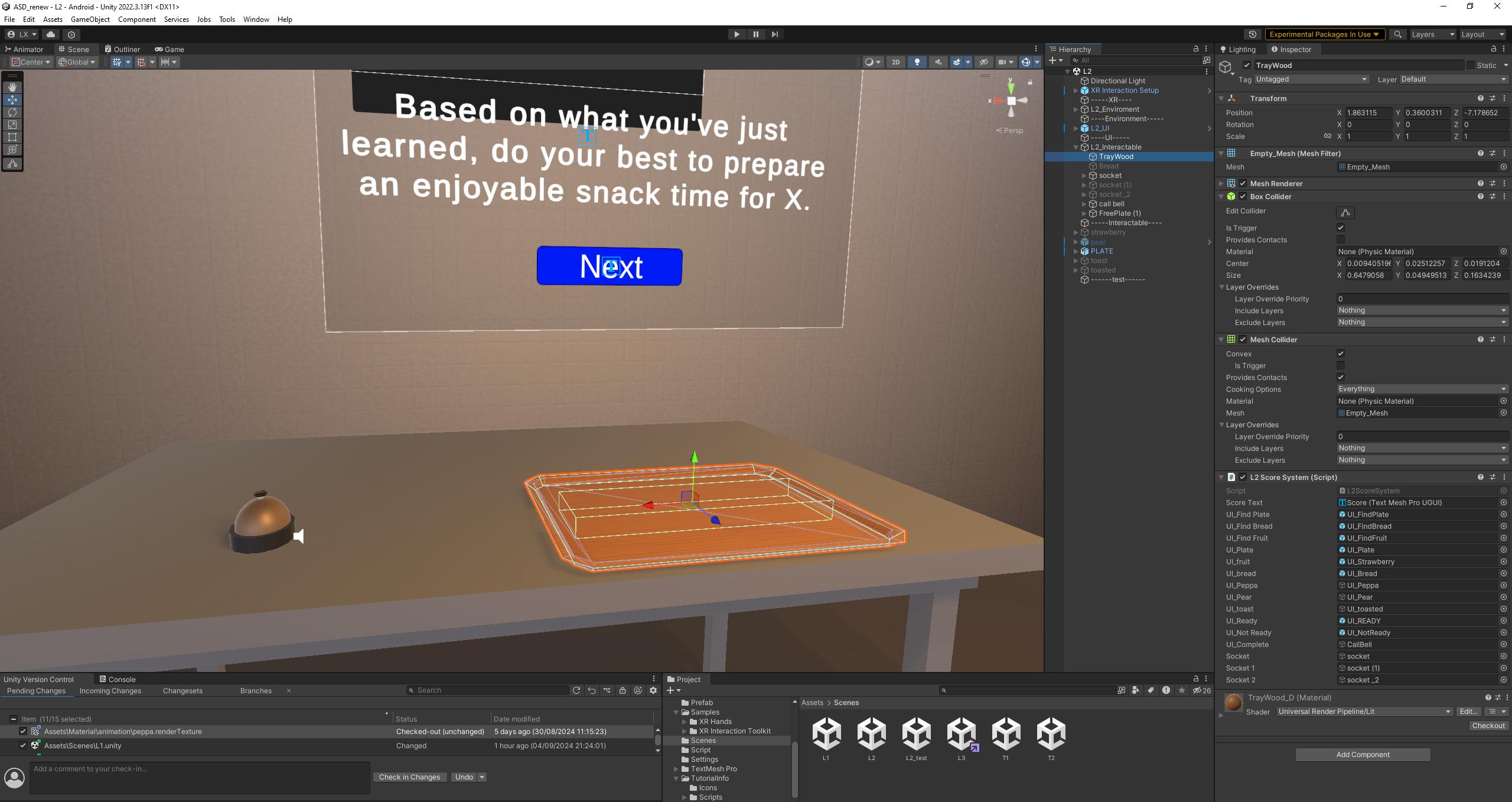 Unity scene with the practice tray, task prompt, hierarchy and L2 Score System Inspector